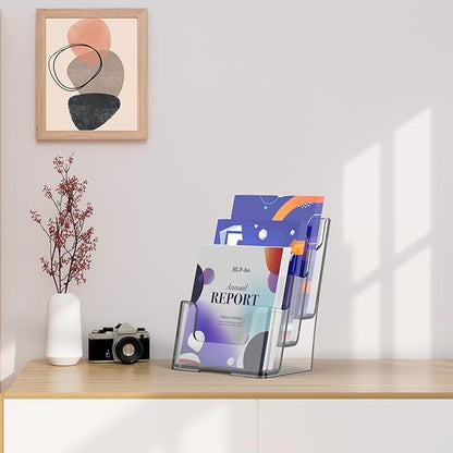 Brochure Holder 6x8 Inch 3 Tier Acrylic Literature Holders Clear Plastic Flyer Display Stand Countertop Use or Wall Mount Pamphlet Holder Organizer for Office, Lobby, Hotel, Trade Show, 1 Pack