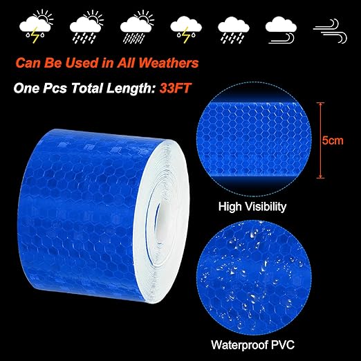PATIKIL 2 Inch x 33 ft Reflective Tape, 1 Roll Waterproof Self Adhesive High Visibility Caution Warning Safety Tape Reflector with Scraper for Trucks Trailers Cars, Blue