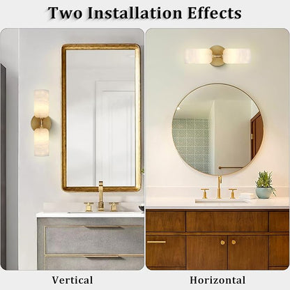 Alabaster Wall Sconces Set of 2, 14in Modern Spanish Natural Marble Vanity Light, Dimmable Hardwired Brass Gold Wall Sconce Lighting for Bathroom Mirror, Bedroom, Luxury Natural Stone Wall Fixtures