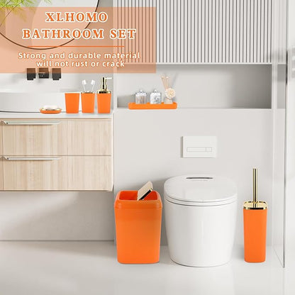 Bathroom Set - Orange and Gold Bathroom Accessories, Bathroom Sets with Shower Curtain and Rugs, Orange Shower Curtain Set with Bathroom Trash Can, Soap Dispenser, Soap Dish for Home Decor
