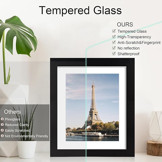 iRahmen 10x12 Picture Frame with HD Tempered Glass, Display Pictures 8x10 with Mat or 10 x 12 Without Mat, Wood Photo Frames for Tabletop and Wall Mount (Black, 1 Pack)