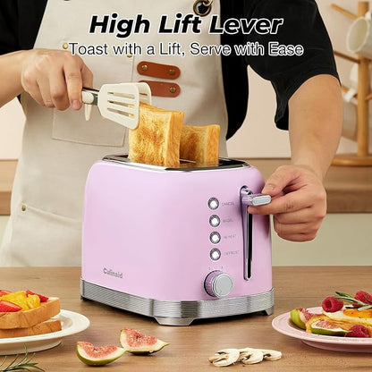 Toaster 2 Slice Retro Stainless Steel with 1.5” Extra Wide Slots Bagel, Defrost, Reheat, Cancel Functions, 6 Bread Shade Settings, Removable Crumb Tray, Pastel Pink