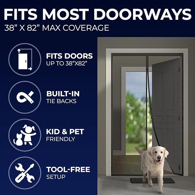 Flux Phenom Upgraded Magnetic Screen Door - Bugs Out, Breeze in - 9min Install Auto-Sealing Heavy Duty Double Stitched Mesh, 52 Magnets, Hands Free Patio Doors Net, Pet & Kid Friendly, 38 x 82 Inch