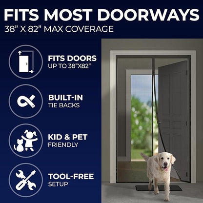Flux Phenom Upgraded Magnetic Screen Door - Bugs Out, Breeze in - 9min Install Auto-Sealing Heavy Duty Double Stitched Mesh, 52 Magnets, Hands Free Patio Doors Net, Pet & Kid Friendly, 38 x 82 Inch