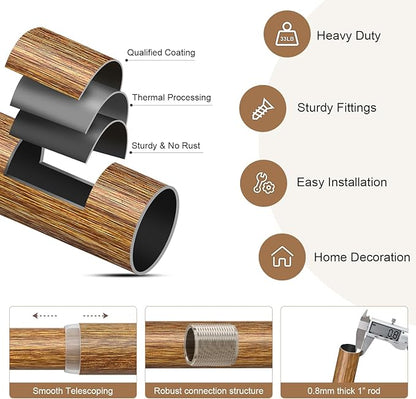 2 Pack Wood Curtain Rods for Windows 28 to 48 Inches 1" Diameter Boho Decorative Heavy Duty Window Curtain Rod Set Adjustable with Solid Imitation Wood Grain Finials for Living Room Bedroom Kitchen