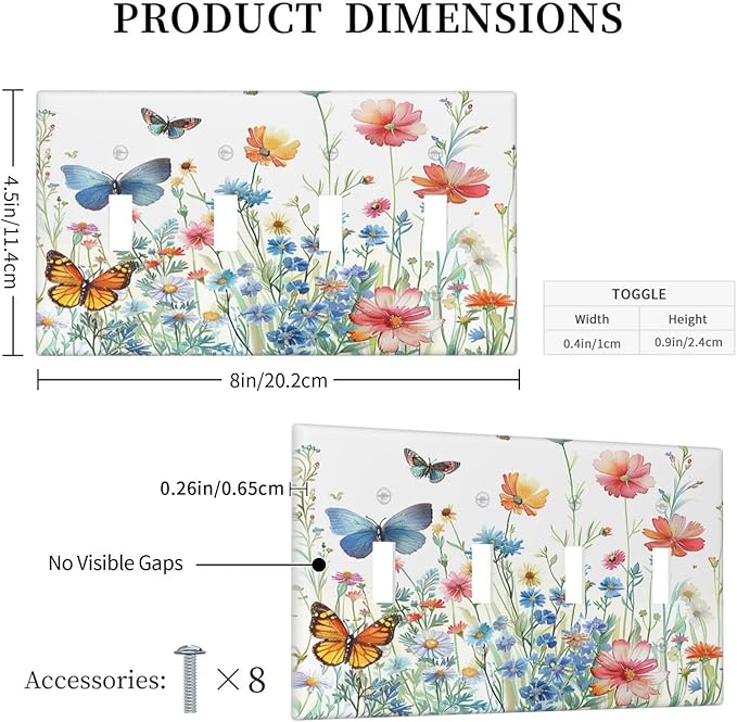 Decorative Light Switch Cover Plate Rustic Wildflower Blue Pink Floral Butterfly 4 Gang Wall Plates for Electrical Outlets Quad Toggle Switch Plate Covers Outlet Covers for Bedroom Decor