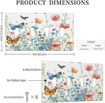 Decorative Light Switch Cover Plate Rustic Wildflower Blue Pink Floral Butterfly 4 Gang Wall Plates for Electrical Outlets Quad Toggle Switch Plate Covers Outlet Covers for Bedroom Decor