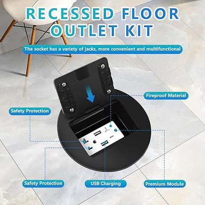 KYHSHJ Standard Outlets Recessed Circular Floor Socket Kit with 2 * 20A Receptacle，4.8A*2 USB-A Ports ，Corrosive Resistant Hardware,Black
