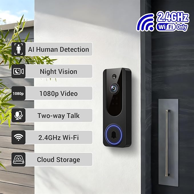 Doorbell Camera Wireless with Indoor Receiver, Battery Powered, AI Human and Motion Detection, 2 Way Talk, 1080P Night Vision, Cloud Storage (Sold Separately)