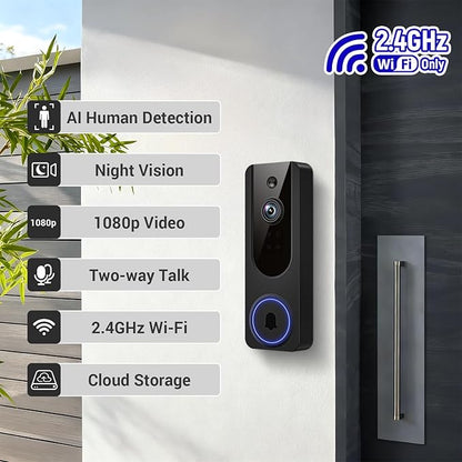 Doorbell Camera Wireless with Indoor Receiver, Battery Powered, AI Human and Motion Detection, 2 Way Talk, 1080P Night Vision, Cloud Storage (Sold Separately)