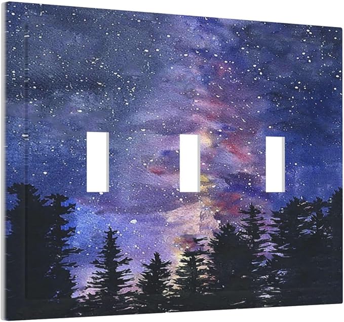 Decorative Switch Plates Dream Milky Way Starry Forest Pine Watercolor Painting 3 Gang Wall Plate Faceplate Triple Toggle Light Switch Cover Electrical Wall Panels for Bedroom Home Decor