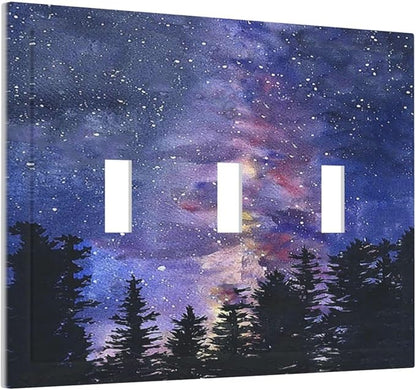 Decorative Switch Plates Dream Milky Way Starry Forest Pine Watercolor Painting 3 Gang Wall Plate Faceplate Triple Toggle Light Switch Cover Electrical Wall Panels for Bedroom Home Decor
