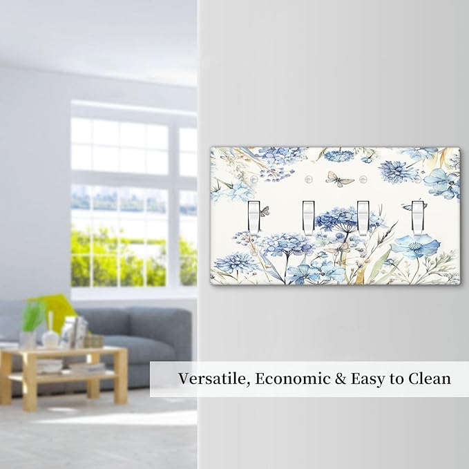 Light Switch Covers Blue Floral Hydrangea Plants Quad Toggle 4 Gang Wall Plate Electrical Faceplate Decorative Switch Plates for Bedroom Home Decor