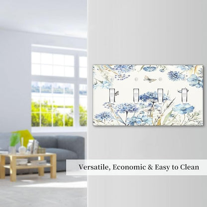Light Switch Covers Blue Floral Hydrangea Plants Quad Toggle 4 Gang Wall Plate Electrical Faceplate Decorative Switch Plates for Bedroom Home Decor