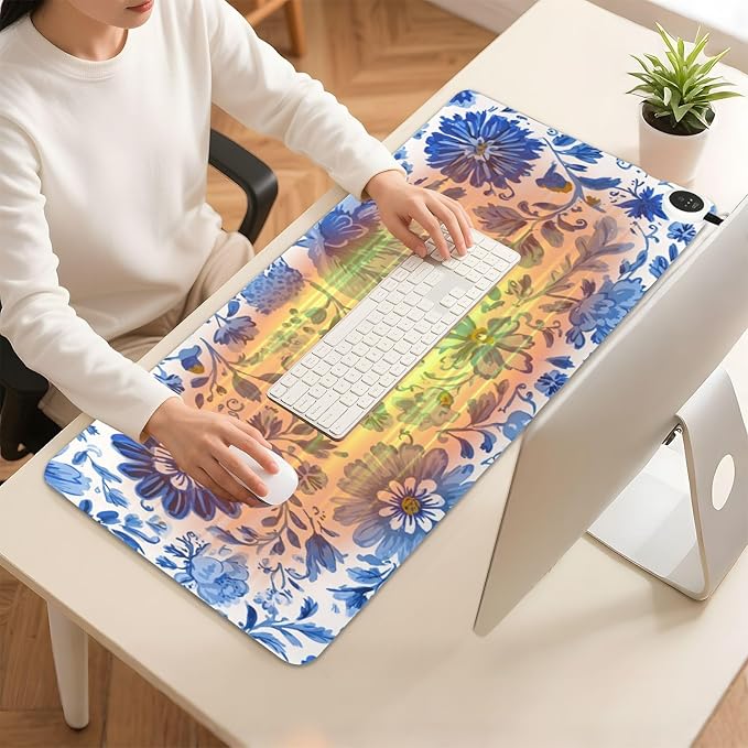 Heated Desk Pad Mouse Pad 31.5x13 Inch PU Leather Desk Mat with 3 Heat Levels Large Mouse Gaming Computer Laptop Mat Flower Blue and White Daisy Leaf