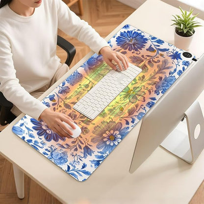 Heated Desk Pad Mouse Pad 31.5x13 Inch PU Leather Desk Mat with 3 Heat Levels Large Mouse Gaming Computer Laptop Mat Flower Blue and White Daisy Leaf