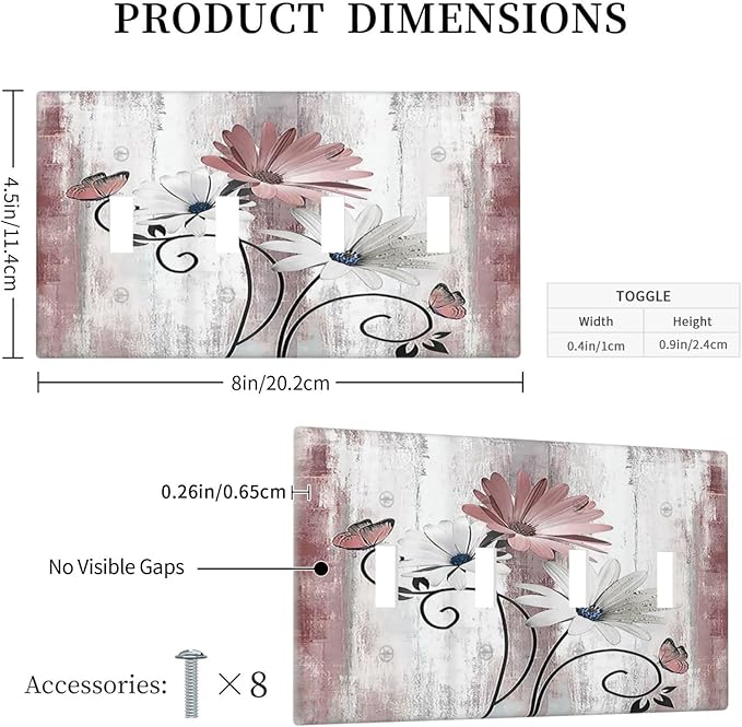 Light Switch Covers Pink White Daisy Butterfly Wood Grain Quad Toggle Electrical Faceplate 4 Gang Wall Plate Decorative Switch Plates for Farmhouse Bathroom Decor