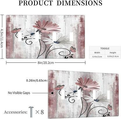 Light Switch Covers Pink White Daisy Butterfly Wood Grain Quad Toggle Electrical Faceplate 4 Gang Wall Plate Decorative Switch Plates for Farmhouse Bathroom Decor