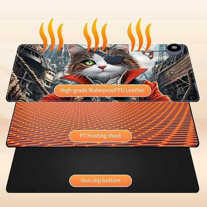 Heated Mouse Pad for Desk 31.5" x 13" – PU Leather Warm Desk Pad with 3 Heat Levels (104°F/113°F/122°F), Plug-in Electric Heating Mat with Auto Shut-Off, Waterproof & Rollable, Pirate Cat
