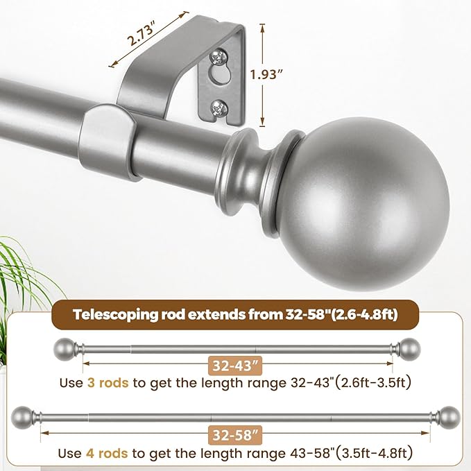 KAMANINA Curtain Rods for Windows 32 to 58 Inches (2.6-4.8ft), Adjustable Antique Silver Curtain Rod, 7/8 Inch Decorative Drapery Rod with Round Finials
