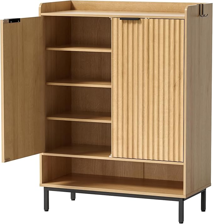 Fluted Shoe Cabinet with Doors, Large Wooden Shoe Storage Cabinet with Adjustable Shelves, Modern Tall Freestanding Shoe Rack Organizer for Entryway, Hallway Natural Oak