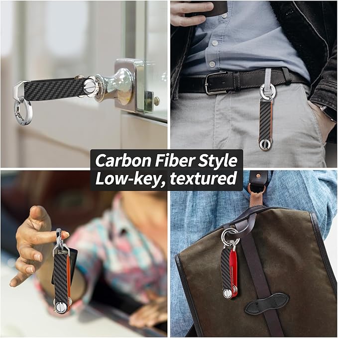 T-carbon Key Organizer, Carbon Fiber Leather Compact Key Holder, Silent Keychain, Expandable Key Case Holds Up to 8 Keys