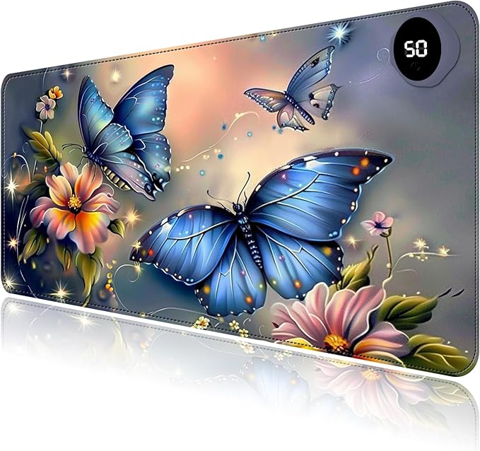 Heated Mouse Pad with 3 Levels Heated & 3 Hours Auto Shut-Off Mouse Pad for Warming Hands in Office Home, 23.6" x 14.2"Large Safe Desk Mat Hand Warmer，Blue Butterfly