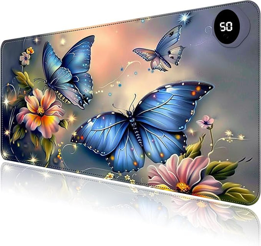 Heated Mouse Pad with 3 Levels Heated & 3 Hours Auto Shut-Off Mouse Pad for Warming Hands in Office Home, 23.6" x 14.2"Large Safe Desk Mat Hand Warmer，Blue Butterfly