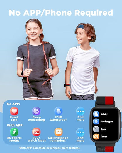 BIGGERFIVE Smart Watch for Kids, 1.8" Fitness Tracker Watch Pedometer, Heart Rate, IP68 Waterproof, Sleep Monitor, Calorie Step Counter, Puzzle Game with/Without APP for Girls Boys Teens 5-16, Nylon