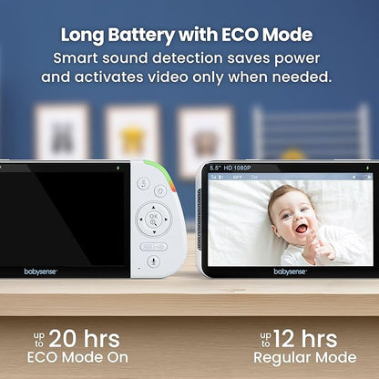 Babysense Full HD 5.5" Split Screen Baby Monitor with Camera and Audio, 6-Color Night Light, White Noise, Sound & Light Machine, 20-Hour Battery, Hack-Proof Non-WiFi Secure Connection