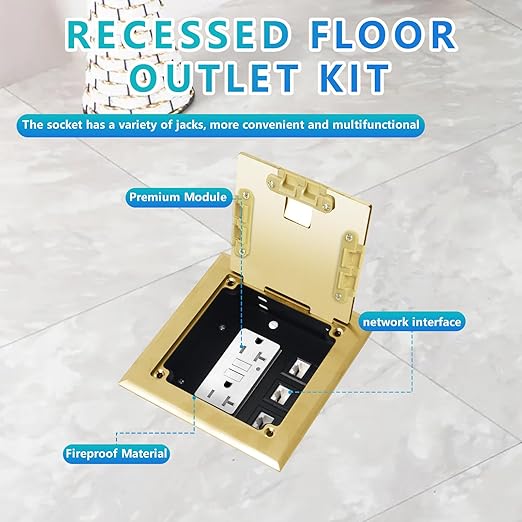 KYHSHJ Recessed Flat Hidden Socket Kit with 2 * 20 Amp Stainless Steel GFCI Tamper Receptacle Outlet+3-Port RJ45 Datacom Receptacle. Internal Height Adjustable，Corrosive Resistant Hardware，Brass