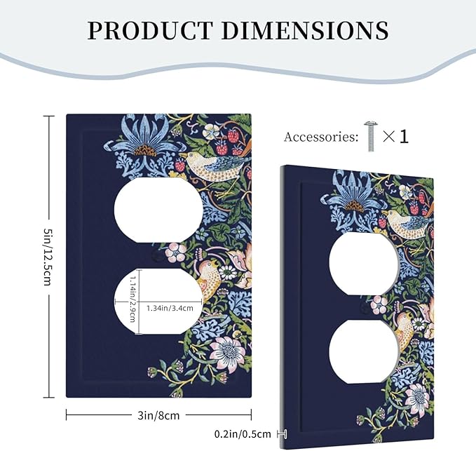 Decorative Outlet Covers Vintage Blue Morris Strawberry Thief Bird Flower 1 Gang Duplex Light Switch Cover Plate Wall Plates for Electrical Outlets Switchplate Faceplate