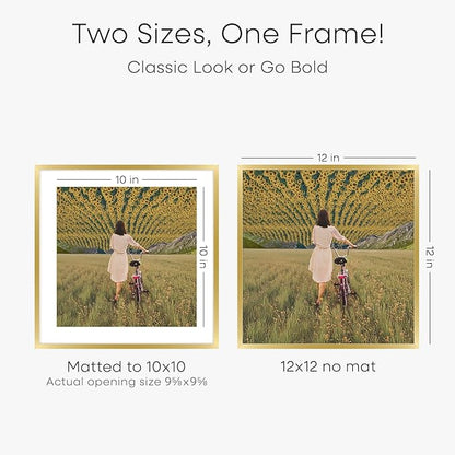 Homeforia 12x12 Picture Frame Gold, High End Metal 12 x 12 Square Poster Frame with Mat 10 x 10 Photo, 12x12 Frame Matted to 10x10 Print, 12by12 Gold Hanging Frames, Tempered Glass, Wall Kit, Set of 3