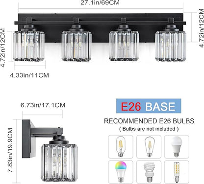 Crystal Bathroom Light Fixtures, 4 Light Black Vanity Lighting Over Mirror with Crystal Shades, Modern Bathroom Vanity Light for Restroom, Bath, Cabinet and Powder Room