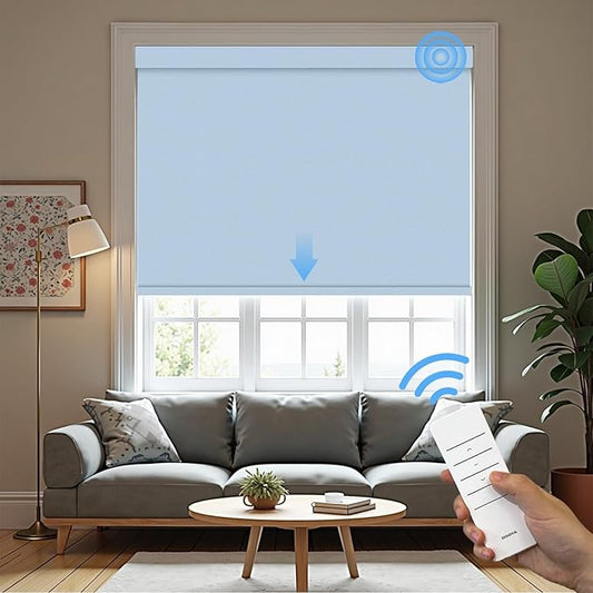 Motorized Roller Blinds with Remote, 100% Blackout Automatic Roller Shades for Bedroom, Bathroom, and Living Room, Customized Size, Pale Lake Blue