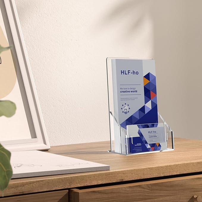 Brochure Holder 4x9 Inch Acrylic Literature Holders Clear Flyer Display Stand with Removable Business Card Slot Pamphlet Holder Organizer for Office, Lobby, Hotels, Trade Shows, 6 Pack