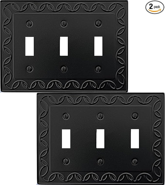 Triple Toggle Light Switch Cover NovaBloom Metal Wall Plate, 2-Pack Black 3 Gang, Light Switch Cover Decorative Wallplate, Durable