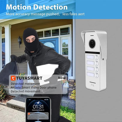ANJIELO SMART Wired Video Doorbell Apartment Intercom System,4 Family Units 10 Inch Touch Monitor,3 in 1 Unlocking,Dual Way Intercom Motion Detection Tuya for Villa Home (1 Doorbell(w)+ 4 Monitor(s))