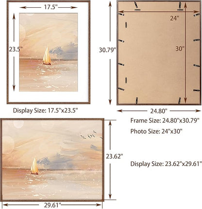 Fun Memories 24x30 Oak Wood Picture Frame, 24"x30" Poster Frame for Wall, 24 by 30 Frame with Tempered Real Glass, 24x30 Matted Frame for 18x24 Picture, 24x30 Inch Photo Frames (Walnut Color, 1 Pack)