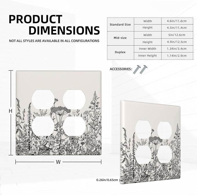 Decorative Outlet Covers Beige Skech Plant Leaves Flowers 2 Gang Wall Plate Cover Double Duplex Receptacle Two Switch Light Switch Cover Plate Jumbo Dual Faceplate for Home Decor