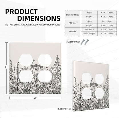 Decorative Outlet Covers Beige Skech Plant Leaves Flowers 2 Gang Wall Plate Cover Double Duplex Receptacle Two Switch Light Switch Cover Plate Jumbo Dual Faceplate for Home Decor