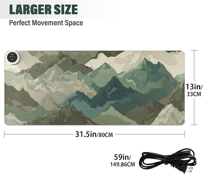 Heated Desk Pad Mouse Pad 31.5x13 Inch PU Leather Desk Mat with 3 Heat Levels Large Mouse Gaming Computer Laptop Mat Sage Green Camounflage Mountain