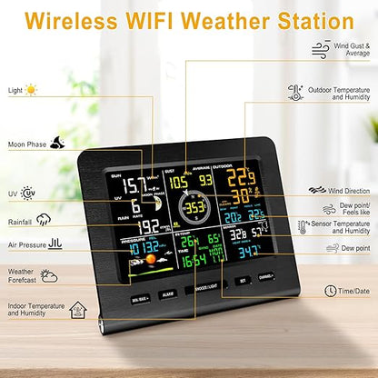 Urageuxy WiFi Weather Station - 7-in-1 Wireless Smart Home Weather Stations with Rain Gauge and Wind Speed/Direction,Temperature, Humidity, Weather Forecast, UV/Light, Moon Phase and Alarm