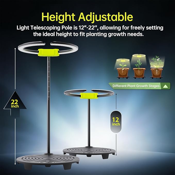 Saturn480 Under-Canopy Grow Light, 48W Full Spectrum LED Grow Lights for Indoor Plant Seeding Vege Boom, Adjustable Stand 12-22inch, 3-in-1 Controller Plant Light for 2x2/3x3 Grow Tents