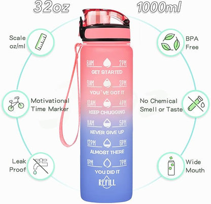 Enerbone Water Bottle, Leakproof BPA & Toxic Free, Motivational Water Bottle with Times to Drink and Straw, Fitness Sports Water Bottle with Strap for Office, Gym, Outdoor Sports