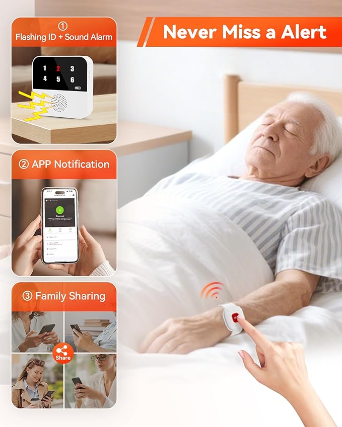 WiFi Caregiver Pager Smart Call System - Display Caller ID & App Alerts, No Monthly Fee, IP65 Waterproof Wristband + 2 Call Buttons, Emergency Alert Button for Elderly at Home & Nursing Care