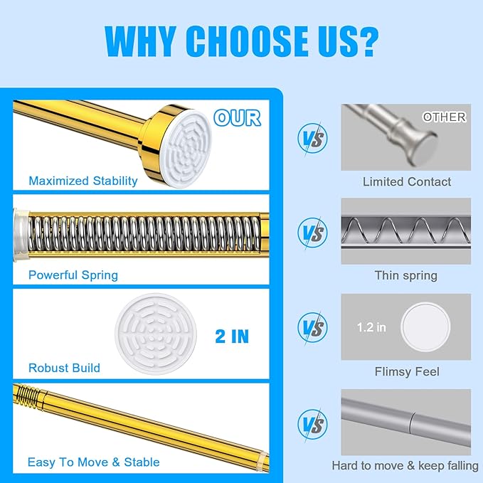TEECK Shower Curtain Rod, 32-68 inch Adjustable Spring Tension Curtain Rod, Never Rust Anti-Slip Shower Curtain Rod for Bathroom, No Drilling, Never Collapse, Easy to Use, Gold