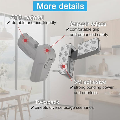 2 Pack Child Safety Refrigerator/Fridge/Freezer Door Lock, One Handed Operation & with Always Open Function, No Tools Need or Drill (Grey)