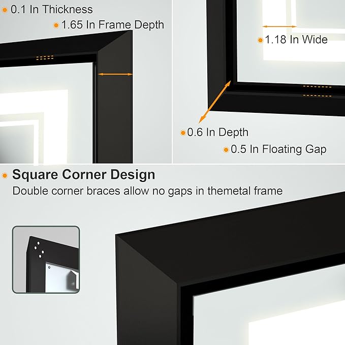 LED Bathroom Mirror: 40x32 Inch LED Bathroom Vanity Mirror - Black Framed Lighted Mirror for Bathroom Anti-Fog Gesture Control Dimmable Memory Function Tempered Glass