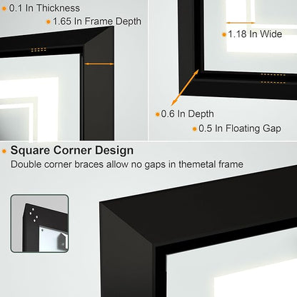 LED Bathroom Mirror: 40x32 Inch LED Bathroom Vanity Mirror - Black Framed Lighted Mirror for Bathroom Anti-Fog Gesture Control Dimmable Memory Function Tempered Glass